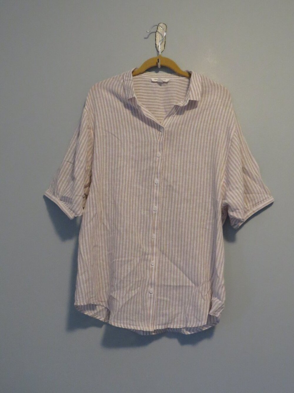 Beachlunchlounge Tan & White Vertical Stripe Button Up Shirt Sz M Linen Cotton